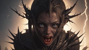 In this fire and ice scene, in the style of H. R. Giger, a dramatically backlit, realistic cinematic, one facial symmetrical close-up view of an extremely evil apocalyptic beautiful girl, with a wide open mouth screaming at the camera. It is rich in color, and lens flare, realistic in composition, and dynamic in focus and symmetry, with sharp bioluminescent thorns and ethereal starlight and lightning throughout.