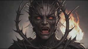 In this fire and ice scene, in the style of H. R. Giger, a dramatically backlit, realistic lithograph, one facial symmetrical close-up view of a large evil apocalyptic mage, with a wide-open mouth, and head-on, screaming at the camera. It is rich in color, realistic in composition, and dynamic in focus and symmetry, with sharp thorns and needling throughout.