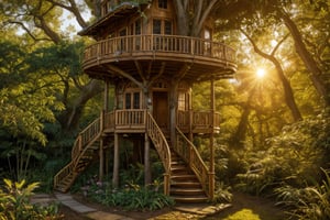 in the jungle, create an image of a big tall busy whimsical treehouse, there are intricate windows and doors, a winding staircase winds up the side of the tree, there are little flower gardens around and grass, vivid color and particle effect sparkles thoughout the dramatically lit golden hour scene ,glitter