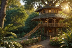 in the jungle, create an image of a big tall busy whimsical treehouse, there are intricate windows and doors, a winding staircase winds up the side of the tree, there are little flower gardens around and grass, vivid color and particle effect sparkles thoughout the dramatically lit golden hour scene ,glitter