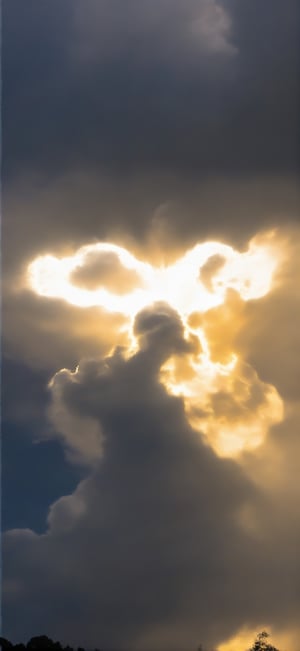 a wide-angle photo of a Pareidolia cloud on a stormy evening that could be mistaken for an abstract backlit (with light rays) Arc Angel decending from Heaven on a beam of Golden Light