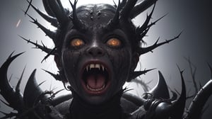 In this microscopic scene, in the style of H. R. Giger, a dramatically backlit, realistic cinematic, one facial symmetrical close-up view of an extremely evil apocalyptically beautiful demon-girl screaming at the camera. It is rich in color, and expression, realistic in composition, and dynamic in focus and symmetry, with sharp bioluminescent thorns and ethereal starlight and lightning throughout the wide-angled background.