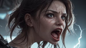 In this microscopic scene, in the style of H. R. Giger, a dramatically backlit, realistic cinematic, one facial symmetrical close-up view of an extremely evil apocalyptically beautiful demon-girl screaming at the camera. It is rich in color, and expression, realistic in composition, and dynamic in focus and symmetry, with sharp bioluminescent thorns and ethereal starlight and lightning throughout the wide-angled background.