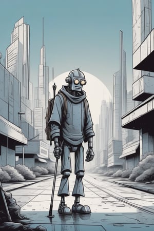 minimal illustration,ink lines, a homeless hobo-robot on armpit crutches, in a futuristic city landscape, hard boiled, loneliness, retro comic book