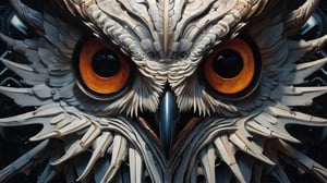 In this fire and ice scene, in the style of H. R. Giger, a dramatically lit realistic scene, one facial symmetrical close-up view of a large evil apocalyptic horned owl, with a wide-open mouth, and head-on, screaming at the camera.  The camera is engulfed in perfectly symmetrical sonoluminescent sound waves.  It is rich in color, realistic in composition, and dynamic in focus and symmetry, with sharp corners and needles throughout.