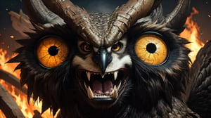 In this fire and ice scene, in the style of H. R. Giger, a dramatically lit realistic scene, one facial symmetrical close-up view of a large evil apocalyptic horned owl, with a wide-open mouth, and head-on, screaming at the camera. It is rich in color, realistic in composition, and dynamic in focus and symmetry, with sharp corners and needles throughout.