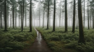 photo of landscape, pine forest, rainy weather, dreamy, 8k uhd, high quality, film grain, Fujifilm XT3