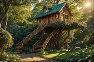 in the jungle, create an image of a big tall busy whimsical treehouse, there are intricate windows and doors, a winding staircase winds up the side of the tree, there are little flower gardens around and grass, vivid color and particle effect sparkles thoughout the dramatically lit golden hour scene ,glitter