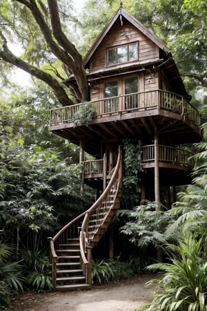 in the jungle, create an image of a big tall busy whimsical treehouse, there are windows and doors, a winding staircase winds up the side of the tree, there are little flower gardens around and grass ,glitter