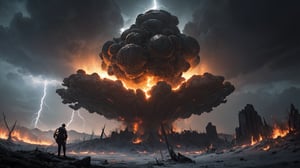 In this fire and ice scene, in the style of H. R. Giger, a dramatically backlit, realistic cinematic, one facial symmetrical close-up view of a large evil apocalyptic mushroom cloud, with a wide field of view. It is rich in color, realistic in composition, and dynamic in focus and symmetry, with sharp thorns and needling lightning throughout.