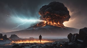 In this fire and ice scene, in the style of H. R. Giger, a dramatically backlit, realistic cinematic, one facial symmetrical close-up view of an extremely large evil apocalyptic mushroom cloud, with a wide field of view. It is rich in color, lens flare, realistic in composition, and dynamic in focus and symmetry, with sharp luminescent thorns and luminescent needling with thermobaric lightning throughout.