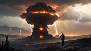 In this fire and ice scene, in the style of H. R. Giger, a dramatically backlit, realistic cinematic, one facial symmetrical close-up view of an extremely large evil apocalyptic mushroom cloud, with a wide field of view. It is rich in color, lens flare, realistic in composition, and dynamic in focus and symmetry, with sharp luminescent thorns and luminescent needling with thermobaric lightning throughout.