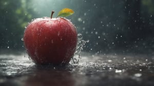 a high quality macro image of a red apple falling in rain, some drop of water on apple, motion blurr, ultra realistic, 8k, Broken Glass effect, no background, stunning, something that even doesn't exist, mythical being, energy, molecular, textures, iridescent and luminescent scales, breathtaking beauty, pure perfection, divine presence, unforgettable, impressive, breathtaking beauty, Volumetric light, auras, rays, vivid colors reflects twinkling fireflies, otherworldly, steamy, fantasy, glittering starbursts with trailing sparks, complex background, dynamic lighting, lights, digital painting, expressive impossible pose, highly detailed, cute, filigree, cinematic surrealism, ultra highly detailed, art by WLOP and greg rutkowski, cross processing, in the style of artgerm, extravagant imagination, exaggerated, old magic palmforest, fireflys, neon ambiance, abstract black oil, detailed acrylic, grunge, intricate complexity, rendered in unreal engine, photorealistic art by Ralph Horsley, a tiny creature, caricatured by cool graffiti style, shorty, fisheye, vanishing point, vignetting, caustics, Masterpiece, dynamic spectrum lighting, high detail, amazing quality, saturated, light in contrast, factured face, ultra highly detailed, cinematic, 32k, ultra hd, realistic, vivid colors, highly detailed, UHD drawing, pen and ink, perfect composition, beautiful detailed intricate insanely detailed octane render trending on artstation, 8k artistic photography, photorealistic concept art, soft natural volumetric cinematic perfect light, shadow, digital art, Jean-Baptiste Monge style, beautiful, splash close up, cute and adorable, filigree, rim lighting, lights, extremely, magic, surreal, fantasy, digital art, wlop, artgerm and james jean, sharpness, gloss, ultra hd, realistic, vivid colors, highly detailed, UHD drawing, pen and ink, perfect composition, beautiful detailed intricate insanely detailed octane render trending on artstation, 8k artistic photography, photorealistic concept art, soft natural volumetric cinematic perfect light, Broken Glass effect, no background, stunning, something that even doesn't exist, mythical being, energy, molecular, textures, iridescent and luminescent scales, breathtaking beauty, pure perfection, divine presence, unforgettable, impressive, breathtaking beauty, Volumetric light, auras, rays, vivid colors reflects