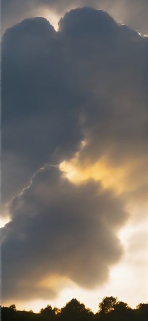 a wide-angle photo of a Pareidolia cloud on a stormy evening that could be mistaken for an abstract backlit (with light rays) Arc Angel decending from Heaven on a beam of Golden Light