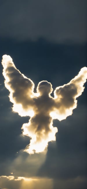 a wide-angle photo of a Pareidolia cloud on a stormy evening that could be mistaken for an abstract backlit (with light rays) Arc Angel decending from Heaven on a beam of Golden Light