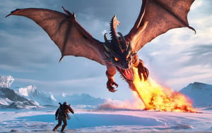 In this epic, dramatically lit scene, one large dragon is trying to kill the cameraman by breathing fire directly at the camera.  It is rich in color, realistic in composition and dynamic in focus and fov