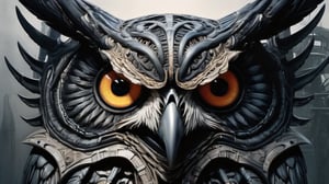 In this wicked cool scene, designed by H. R. Giger, a dramatically lit realistic scene, one facial symmetrical close-up view of a large evil apocalyptic horned owl, with a wide-open mouth, and head-on, screaming at the camera.  The camera is engulfed in perfectly symmetrical sonoluminescent sound waves.  It is rich in color, realistic in composition, and dynamic in focus and symmetry, with sharp corners and needles throughout.