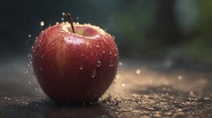 a high quality macro image of a red apple falling in rain, some drop of water on apple, motion blurr, ultra realistic, 8k, Broken Glass effect, no background, stunning, something that even doesn't exist, mythical being, energy, molecular, textures, iridescent and luminescent scales, breathtaking beauty, pure perfection, divine presence, unforgettable, impressive, breathtaking beauty, Volumetric light, auras, rays, vivid colors reflects twinkling fireflies, otherworldly, steamy, fantasy, glittering starbursts with trailing sparks, complex background, dynamic lighting, lights, digital painting, expressive impossible pose, highly detailed, cute, filigree, cinematic surrealism, ultra highly detailed, art by WLOP and greg rutkowski, cross processing, in the style of artgerm, extravagant imagination, exaggerated, old magic palmforest, fireflys, neon ambiance, abstract black oil, detailed acrylic, grunge, intricate complexity, rendered in unreal engine, photorealistic art by Ralph Horsley, a tiny creature, caricatured by cool graffiti style, shorty, fisheye, vanishing point, vignetting, caustics, Masterpiece, dynamic spectrum lighting, high detail, amazing quality, saturated, light in contrast, factured face, ultra highly detailed, cinematic, 32k, ultra hd, realistic, vivid colors, highly detailed, UHD drawing, pen and ink, perfect composition, beautiful detailed intricate insanely detailed octane render trending on artstation, 8k artistic photography, photorealistic concept art, soft natural volumetric cinematic perfect light, shadow, digital art, Jean-Baptiste Monge style, beautiful, splash close up, cute and adorable, filigree, rim lighting, lights, extremely, magic, surreal, fantasy, digital art, wlop, artgerm and james jean, sharpness, gloss, ultra hd, realistic, vivid colors, highly detailed, UHD drawing, pen and ink, perfect composition, beautiful detailed intricate insanely detailed octane render trending on artstation, 8k artistic photography, photorealistic concept art, soft natural volumetric cinematic perfect light, Broken Glass effect, no background, stunning, something that even doesn't exist, mythical being, energy, molecular, textures, iridescent and luminescent scales, breathtaking beauty, pure perfection, divine presence, unforgettable, impressive, breathtaking beauty, Volumetric light, auras, rays, vivid colors reflects