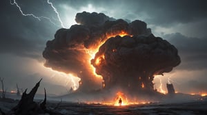 In this fire and ice scene, in the style of H. R. Giger, a dramatically backlit, realistic cinematic, one facial symmetrical close-up view of an extremely large evil apocalyptic mushroom cloud, with a wide field of view. It is rich in color, lens flare, realistic in composition, and dynamic in focus and symmetry, with sharp luminescent thorns and luminescent needling with thermobaric lightning throughout.