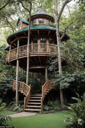 in the jungle, create an image of a big tall busy whimsical treehouse, there are windows and doors, a winding staircase winds up the side of the tree, there are little flower gardens around and grass ,glitter