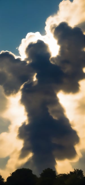 a wide-angle photo of a Pareidolia cloud on a stormy evening that could be mistaken for an abstract backlit (with light rays) Arc Angel decending from Heaven on a beam of Golden Light