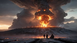 In this fire and ice scene, in the style of H. R. Giger, a dramatically backlit, realistic cinematic, one facial symmetrical close-up view of an extremely large evil apocalyptic mushroom cloud, with a wide field of view. It is rich in color, lens flare, realistic in composition, and dynamic in focus and symmetry, with sharp thorns and needling lightning throughout.