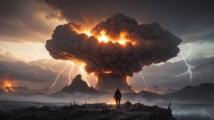 In this fire and ice scene, in the style of H. R. Giger, a dramatically backlit, realistic cinematic, one facial symmetrical close-up view of an extremely large evil apocalyptic mushroom cloud, with a wide field of view. It is rich in color, lens flare, realistic in composition, and dynamic in focus and symmetry, with sharp thorns and needling lightning throughout.