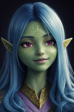 photo of a beautiful dryad girl with (green skin:1.4), (elven pointy ears), (bluehair), (chubby cheecks), [slight smile], (with red realistic eyes), very detailed, parted lips, realistic skin, pores on skin, soft hairs on skin, dynamic lighting, intricate, elegant, vibrant colors, hime hairstyle, undertone skin, vertical line on forehead, hime hairstyle