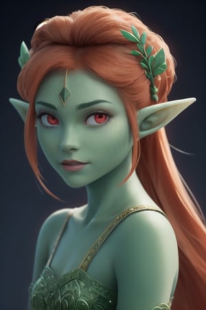 photo of a beautiful dryad girl with (green skin:1.4), (elven pointy ears), (orange hair), (chubby cheecks), [slight smile], (with red realistic eyes), very detailed, parted lips, realistic skin, pores on skin, soft hairs on skin, dynamic lighting, intricate, elegant, vibrant colors, hime hairstyle, undertone skin, vertical line on forehead, hime hairstyle
