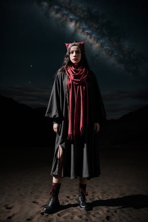  young woman witch, with a black velvet cloth, red bandana on the head, standing, in the cosmic universe, complementary color grading, commercial photography, commercial lighting, photography, realistic