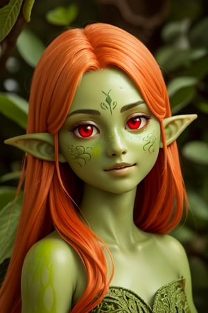 photo of a beautiful dryad girl with (green skin:1.3), elven pointy ears, (orange hair), (chubby cheecks), [slight smile], (with red eyes), very detailed, realistic, intricate, elegant, parted lips, realistic skin, pores on skin, soft hairs on skin