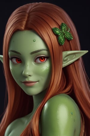 photo of a beautiful dryad girl with (green skin:1.4), (elven pointy ears), (orange hair), (chubby cheecks), [slight smile], (with red realistic eyes), very detailed, parted lips, realistic skin, pores on skin, soft hairs on skin, dynamic lighting, intricate, elegant, vibrant colors, hime hairstyle,1 girl