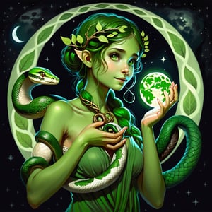painting of a cute green skinned dryad girl holding a moon on her hands in the middle of the night, with a snake curled around her neck, high resolution, HDorb of light that is at distance