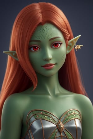 photo of a beautiful dryad girl with (green skin:1.4), (elven pointy ears), (orange hair), (chubby cheecks), [slight smile], (with red realistic eyes), very detailed, parted lips, realistic skin, pores on skin, soft hairs on skin, dynamic lighting, intricate, elegant, vibrant colors, hime hairstyle, undertone skin, translucent skin, vertical line on forehead