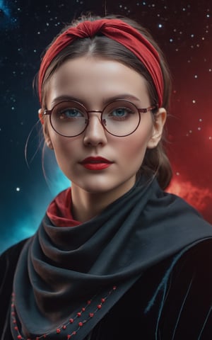 a beautiful young Polish woman oracle with round glasses, with a black velvet cloth, red bandana on the head, standing, in the cosmic universe, complementary color grading, commercial photography, commercial lighting, photography, realistic,perfect_hands,perfecteyes,3d style,painting by jakub rozalski