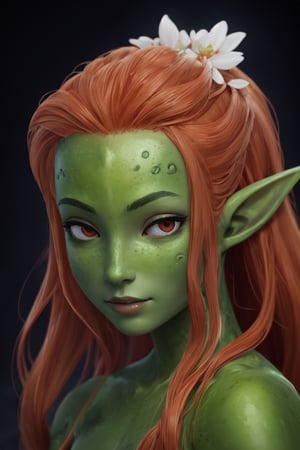 photo of a beautiful dryad girl with (green skin:1.4), (elven pointy ears), (orange hair), (chubby cheecks), [slight smile], (with red realistic eyes), very detailed, parted lips, realistic skin, pores on skin, soft hairs on skin, dynamic lighting, intricate, elegant, vibrant colors, hime hairstyle, undertone skin, translucent skin