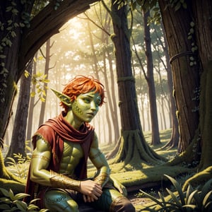 beautiful dryad (boy) with ((green skin:1.5) and pointy elven ears), orange hair, (red clothes), fantasy dynamic pose, elegant,dramtic light, transparency, ,shadow,surrealism, translucent,contrapposto, action packed, by Alena Aenami, fantasy, magic, magic beams, (intricate details), (hyperdetailed), 8k hdr, high detailed, lot of details, high quality, soft cinematic light, dramatic atmosphere, atmospheric perspective, [freckles]



