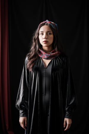 tarot reader, young woman witch, with a black velvet cloth, red bandana on the head, standing, in the cosmic universe, complementary color grading, commercial photography, commercial lighting, photography, realistic