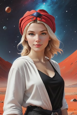  beautiful young white woman oracle, with a black velvet cloth, small red bandana on the head, standing, in the cosmic universe, complementary color grading, commercial photography, commercial lighting, photography, realistic,perfect_hands,perfecteyes,3d style,painting by jakub rozalski