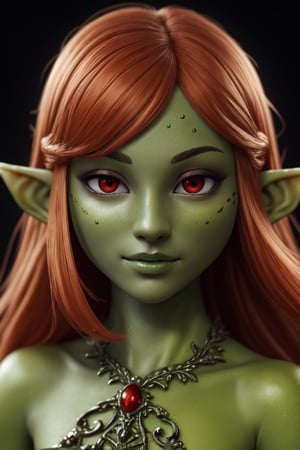 photo of a beautiful dryad girl with (green skin:1.4), (elven pointy ears), (orange hair), (chubby cheecks), [slight smile], (with red realistic eyes), very detailed, parted lips, realistic skin, pores on skin, soft hairs on skin, dynamic lighting, intricate, elegant, vibrant colors, hime hairstyle