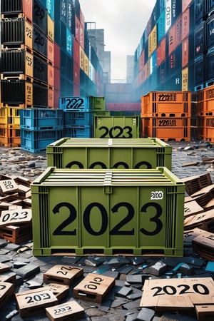 A Photorealistic,photorealism, realistic photo of crates with "2023" painted on the sides in a apocalyptic city street piled full of broken crates with "2023" STAMPED ON THE SIDES, 