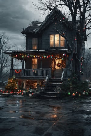 
Post apocalyptic house.with lots of Christmas lights on, dirty Christmas tree on the porch and decorations, Dark and gloomy day. muy detallado. 8k. alta calidad. ultra detallada. fotorrealista. Pintura digital