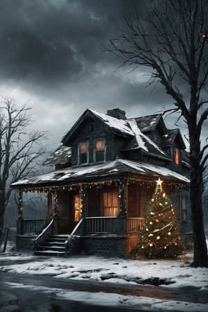 
Post apocalyptic house.with lots of Christmas lights on, dirty Christmas tree on the porch and decorations, Dark and gloomy day. muy detallado. 8k. alta calidad. ultra detallada. fotorrealista. Pintura digital