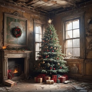  a beautifully decorated Christmas tree with lights, dirty Santa Claus,inside an abandoned and dirty Post apocalyptic house. broken window, peeling wallpaper, cobwebs, trash,muy detallado. 8k. alta calidad. ultra detallada. fotorrealista. Pintura digital
