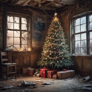  a beautifully decorated Christmas tree with lights, dirty Santa Claus,inside an abandoned and dirty Post apocalyptic house. broken window, peeling wallpaper, cobwebs, trash,muy detallado. 8k. alta calidad. ultra detallada. fotorrealista. Pintura digital
