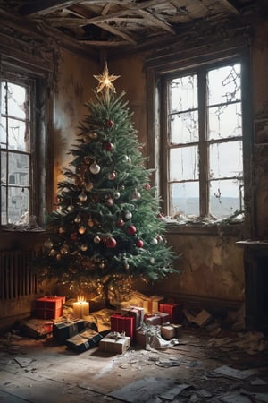  a beautifully decorated Christmas tree with lights, dirty Santa Claus,inside an abandoned and dirty Post apocalyptic house. broken window, peeling wallpaper, cobwebs, trash,muy detallado. 8k. alta calidad. ultra detallada. fotorrealista. Pintura digital
