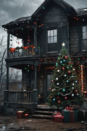 
Post apocalyptic house.with lots of Christmas lights on, dirty Christmas tree on the porch and decorations, Dark and gloomy day. muy detallado. 8k. alta calidad. ultra detallada. fotorrealista. Pintura digital