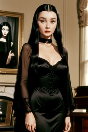  Photographic, photorealistic, real life, color photo, Young Audrey Hepburn as young Morticia Addams, standing in the living room of the Adams family house, large breasts, cleavage 