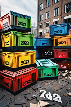 A Photorealistic,photorealism, realistic photo of crates with "2023" painted on the sides in a apocalyptic city street piled full of broken crates with "2023" STAMPED ON THE SIDES, 