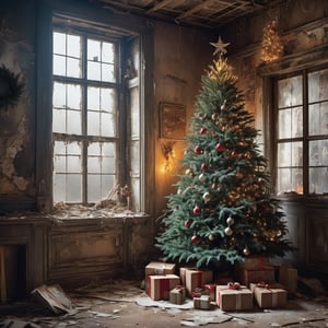  a beautifully decorated Christmas tree with lights, dirty Santa Claus,inside an abandoned and dirty Post apocalyptic house. broken window, peeling wallpaper, cobwebs, trash,muy detallado. 8k. alta calidad. ultra detallada. fotorrealista. Pintura digital
